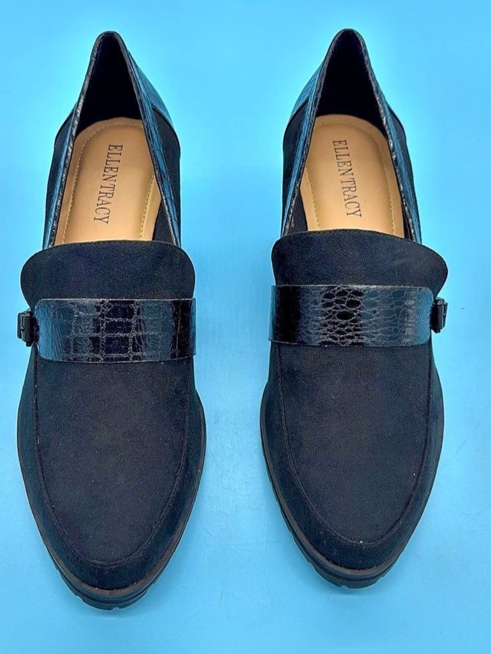Ellen Tracy Black Mixed-Media Slip-On Loafers 8M NWT